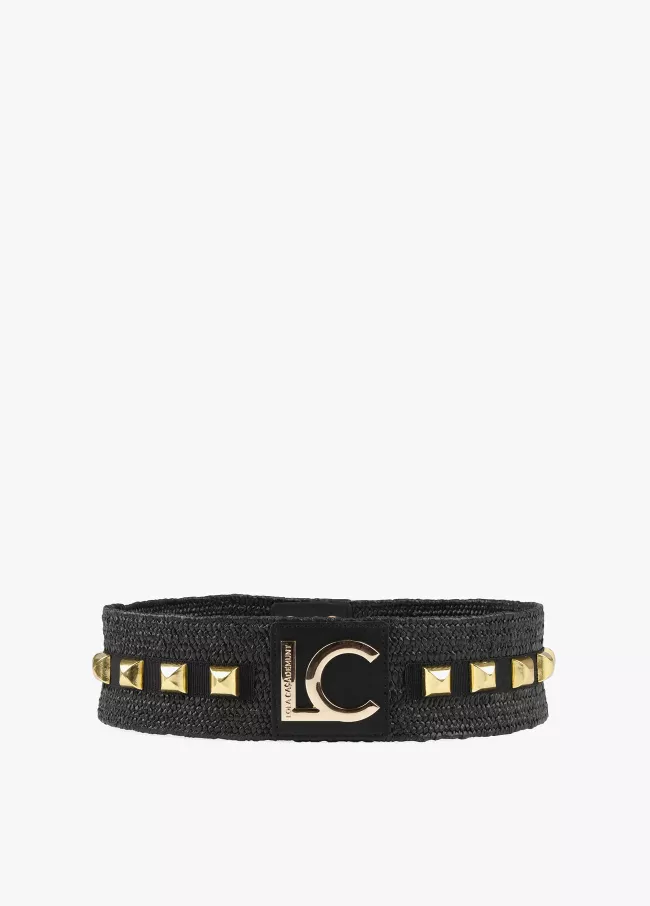 Elastic raffia belt with studs
