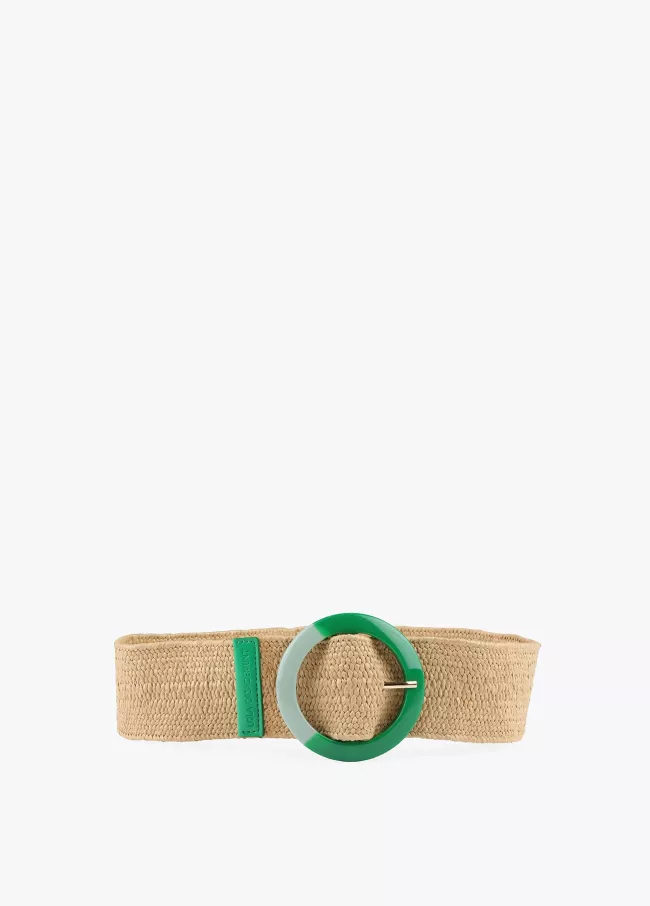 Elastic raffia belt with two-tone buckle