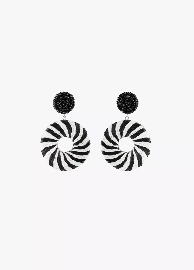 Black and white raffia hoop earrings