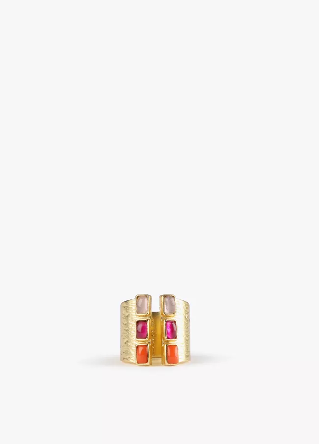 Gold plated ring with multicoloured ston