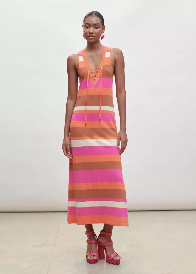 Vestido longo de malha multi riscas