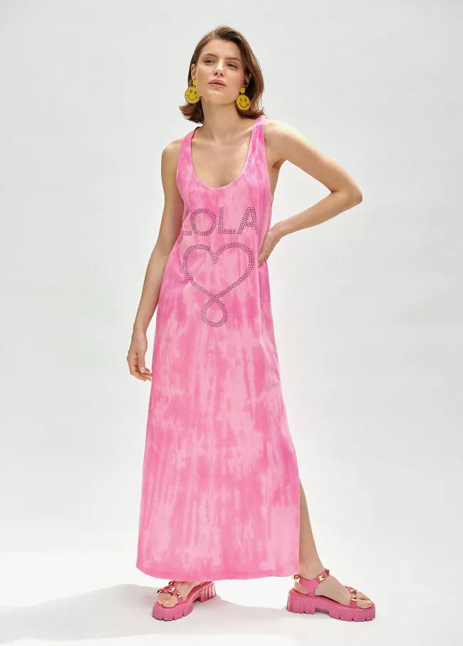 Vestido em estampado tie dye com pedrari
