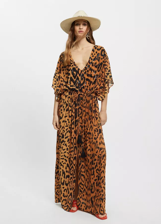 Kaftan longo animal print com franziment