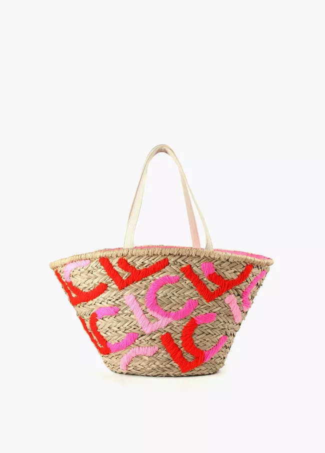 Raffia tote bag with embroidered logo