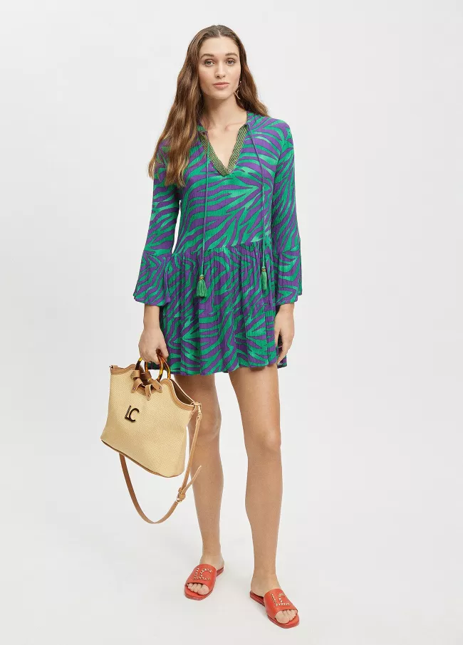 Short green zebra print kaftan with fril