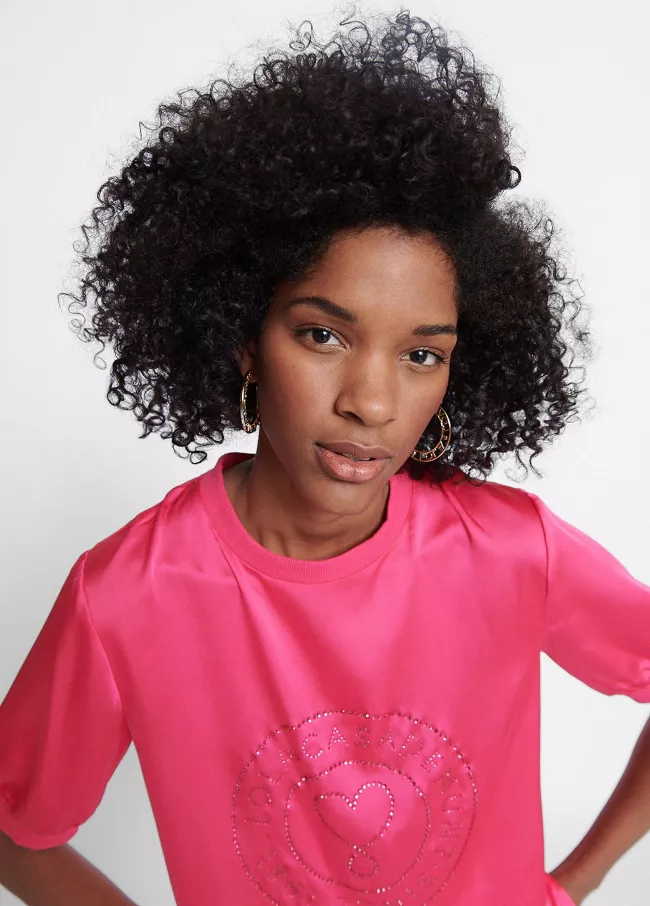 Satin T-shirt with rhinestone logo
