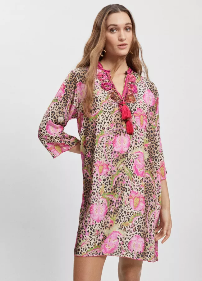 Kaftan curto com manga em estampado flor