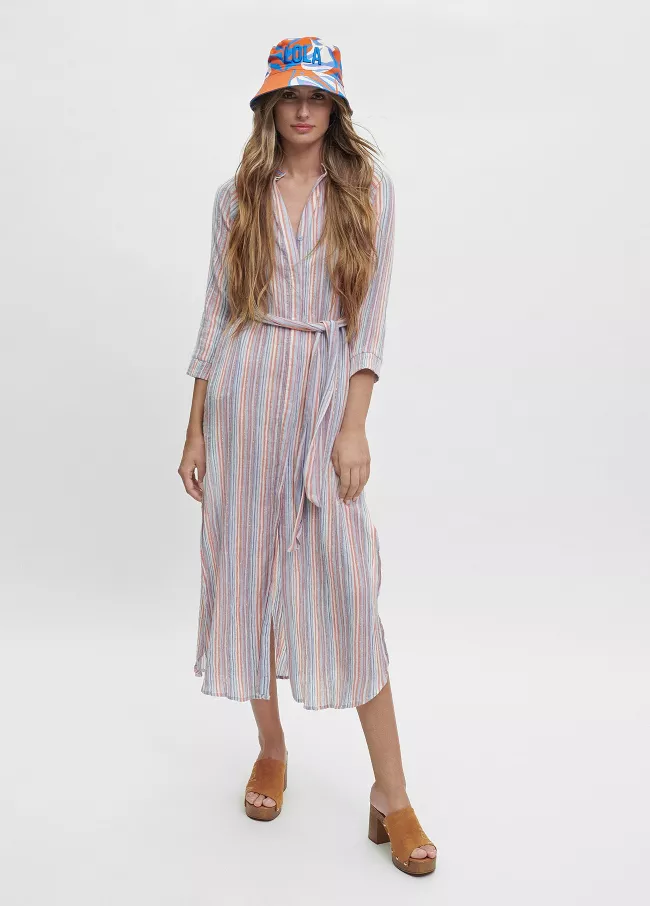 Kaftan multi riscas com bordado na gola
