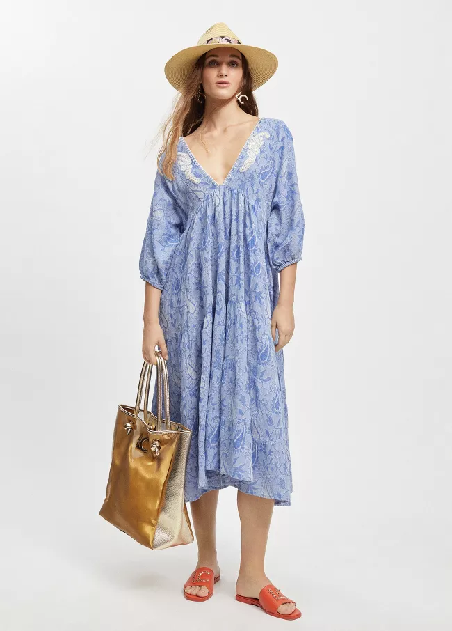 Tunique bleue imprimé jacquard avec brod