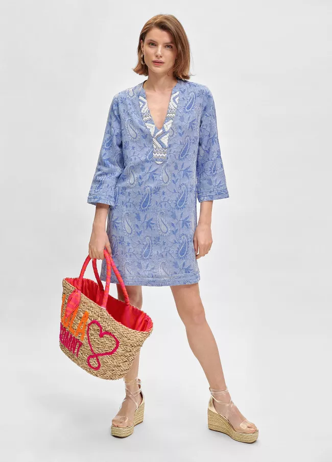 Kaftan azul estampado jacquard com borda