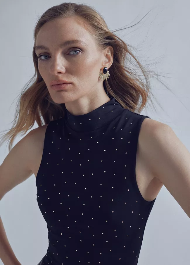 Perkins collar top with rhinestone detai