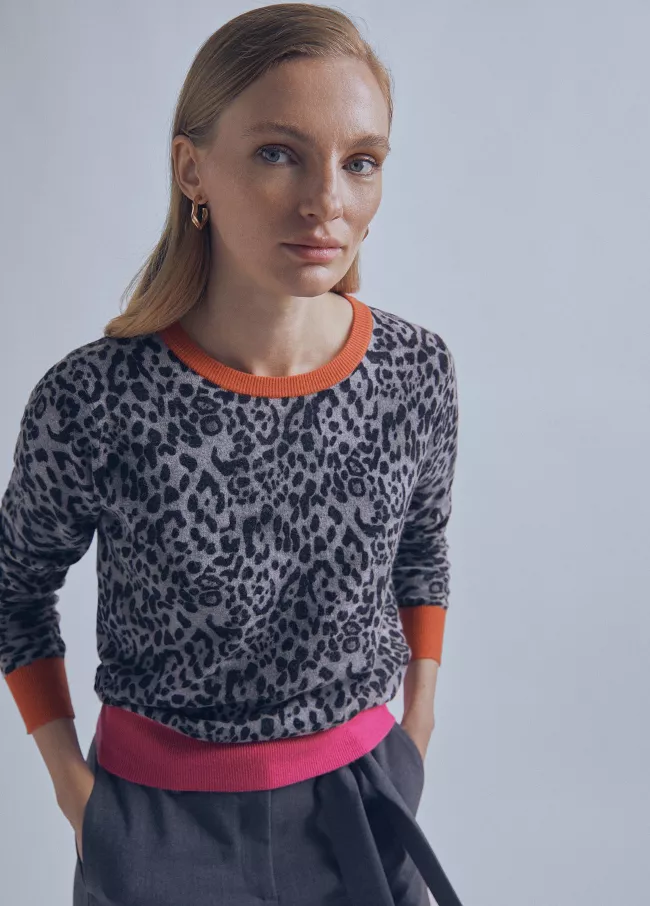 Camisola animal print contraste punhos