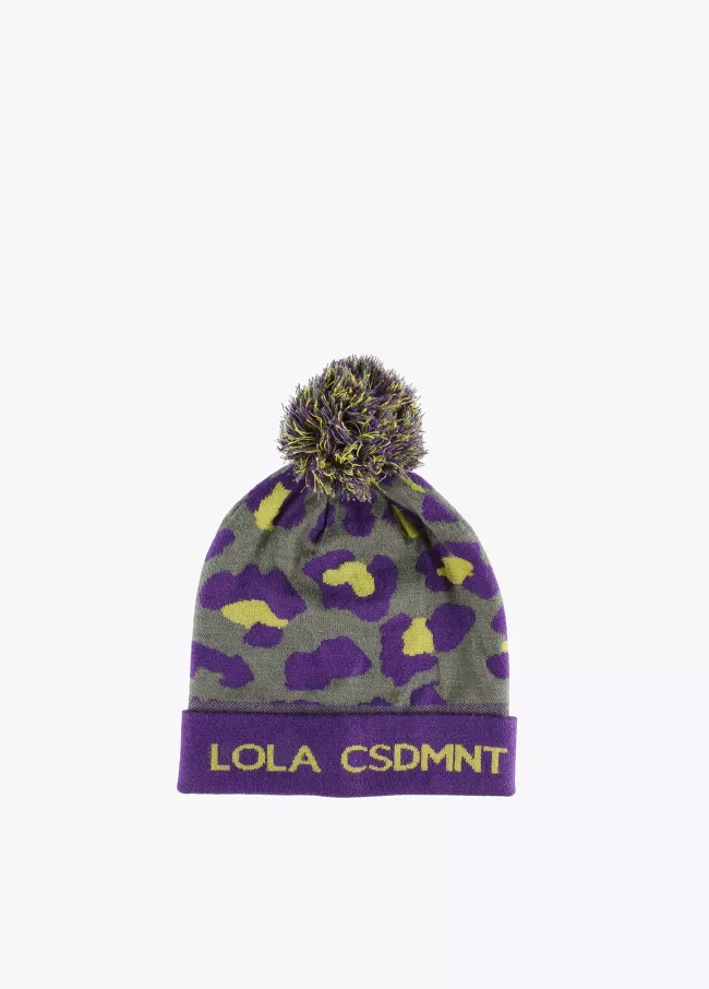 Bonnet pompon et imprimé animal bicolore