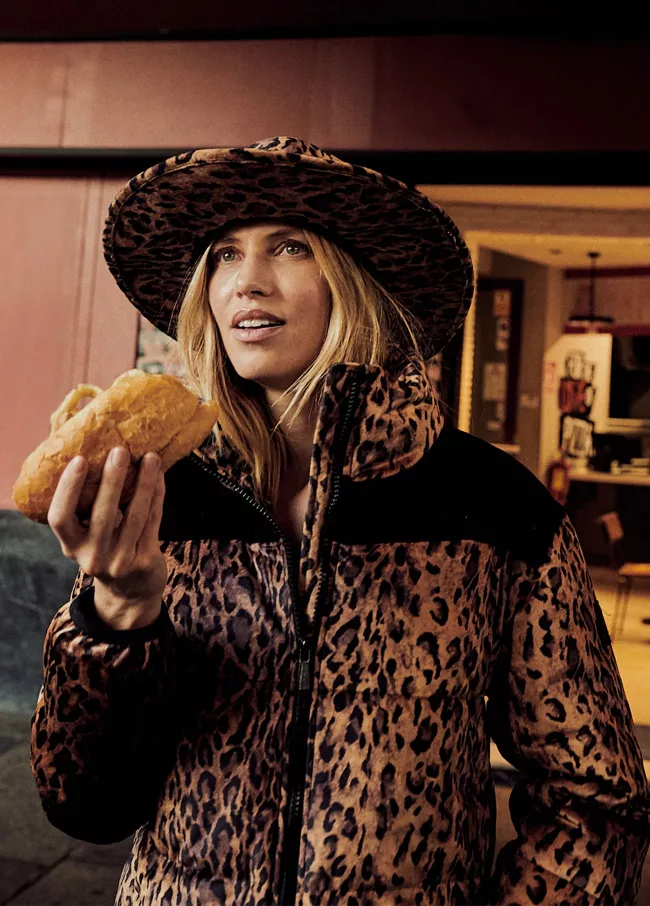 Down coat with animal print velvet detai